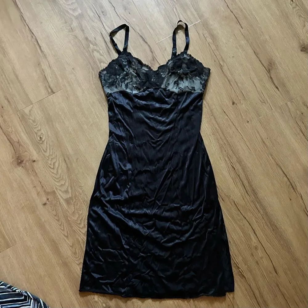 Vintage Black Nylon and Lace Slip Dress // 80s lingerie mini dress loungewear